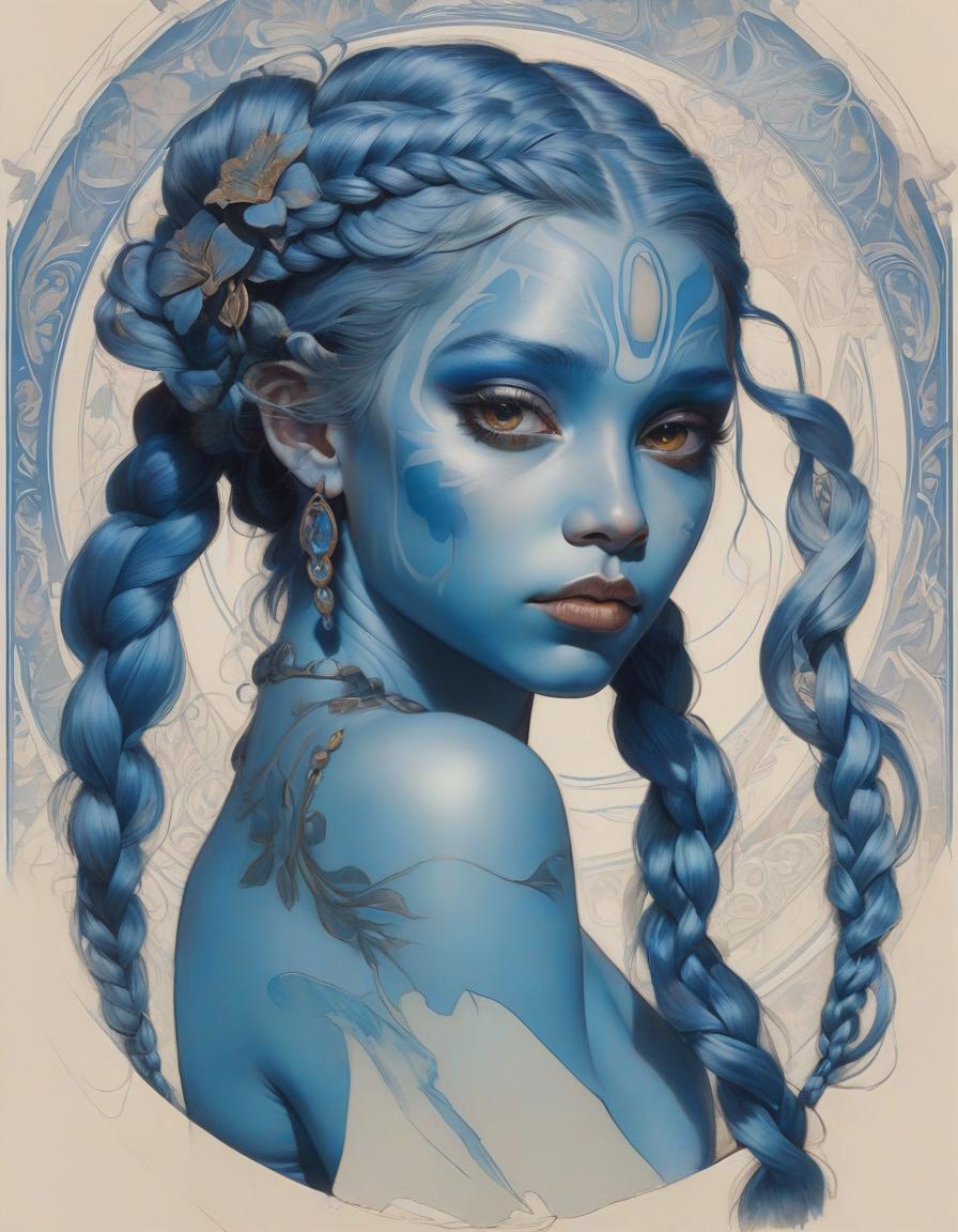  portrait of a girl with blue skin from pandora in the style of alphonse mucha, drawings on the face, braids (from the movie avatar)