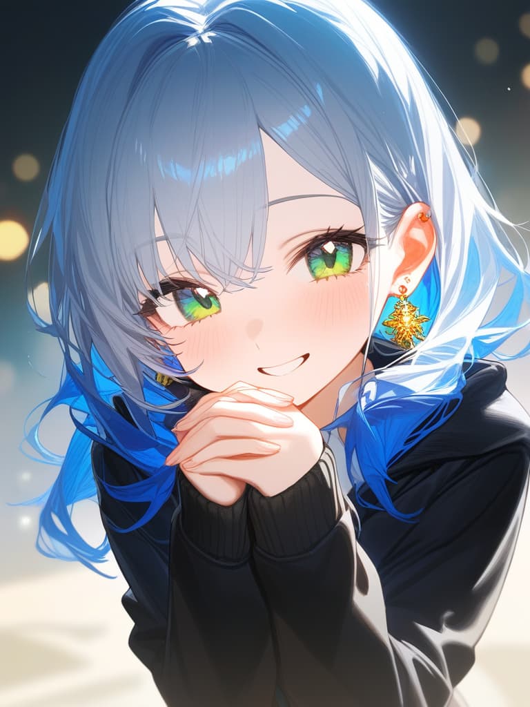  from front,1girl,best quality,(gradation hair:1.3),white hair,blue hair,masterpiece,(black parka:1.3),(((own hands together))),bob,(earrings:1.3),joyful,(endearing smile),looking at the camera,close up,green eyes,hires,ultra detailed,