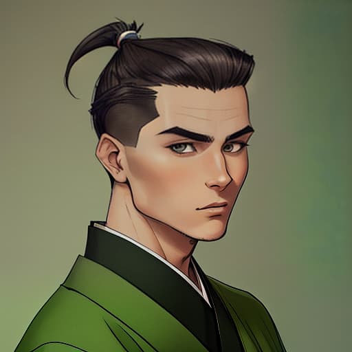  men. hairstyle: dark hair, shaved sides, ponytail. clothing: green kimono