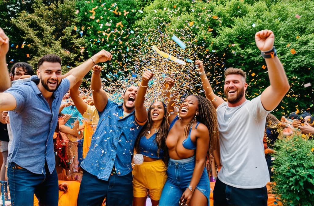  professional detailed photography, group of friends having fun at summer party throwing confetti in the air, young multiracial hipsters having fun on weekend outdoors ar 3:2, (muted colors, dim colors, soothing tones), (vsco:0.3)