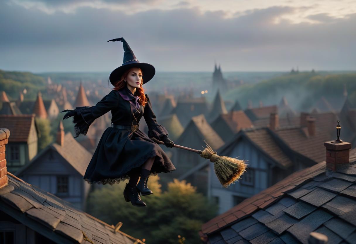  little witch flies on a broomstick over the rooftops hyperrealistic, full body, detailed clothing, highly detailed, cinematic lighting, stunningly beautiful, intricate, sharp focus, f/1. 8, 85mm, (centered image composition), (professionally color graded), ((bright soft diffused light)), volumetric fog, trending on instagram, trending on tumblr, HDR 4K, 8K