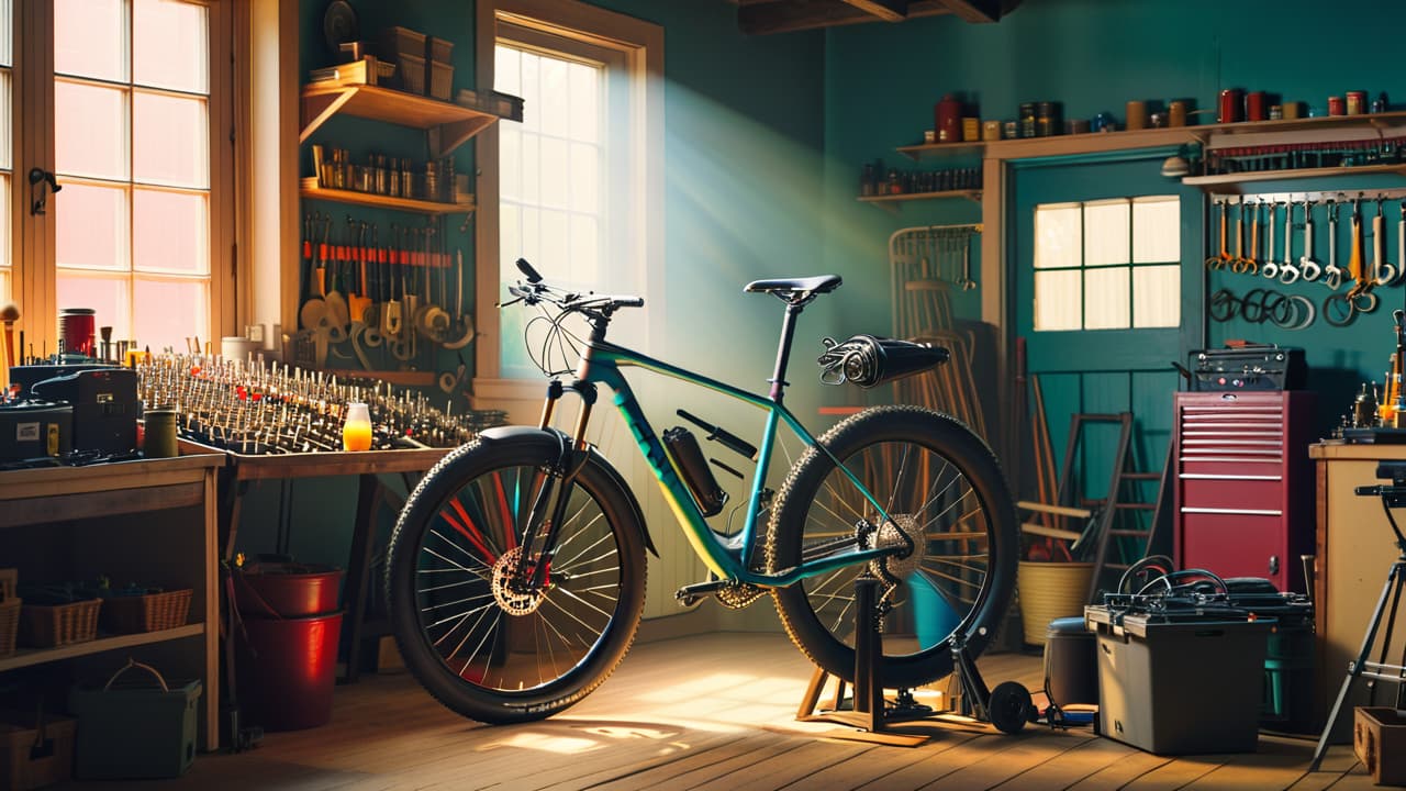  a well maintained bicycle in a bright workshop surrounded by tools, oil, and spare parts. showcase a bicycle mechanic adjusting gears, the bike on a repair stand, with vibrant colors and a clean, organized environment. hyperrealistic, full body, detailed clothing, highly detailed, cinematic lighting, stunningly beautiful, intricate, sharp focus, f/1. 8, 85mm, (centered image composition), (professionally color graded), ((bright soft diffused light)), volumetric fog, trending on instagram, trending on tumblr, HDR 4K, 8K