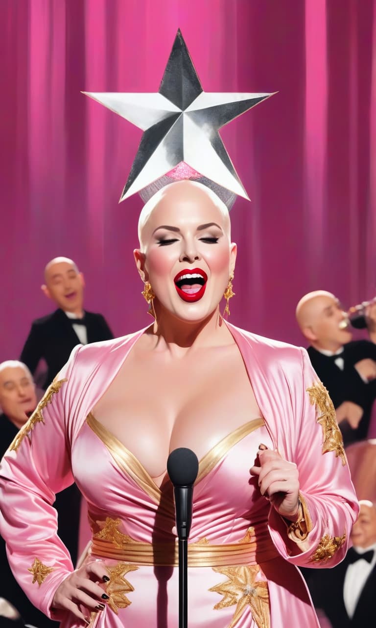  concept art pink, gold, black, white on stage, a bald woman performs red lips. there's a star on her head . digital artwork, illustrative, painterly, matte painting, highly detailed, perfect hands