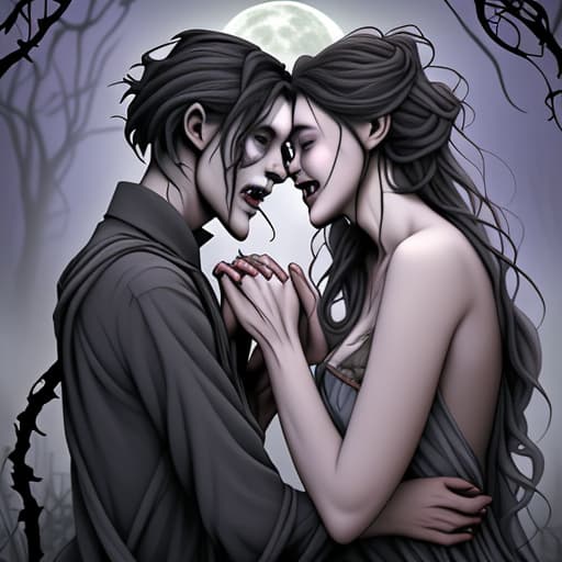  The Lovers” – Zombie Edition: Design a tarot card titled “The Lovers” where the two figures are zombies holding hands, with tattered clothes and missing limbs. Instead of a heart, there’s a broken gravestone with vines wrapping around it. The background features a full moon, a graveyard, and a misty atmosphere. The zombies are smiling in a goofy, endearing way, with one holding a bouquet of dead flowers png