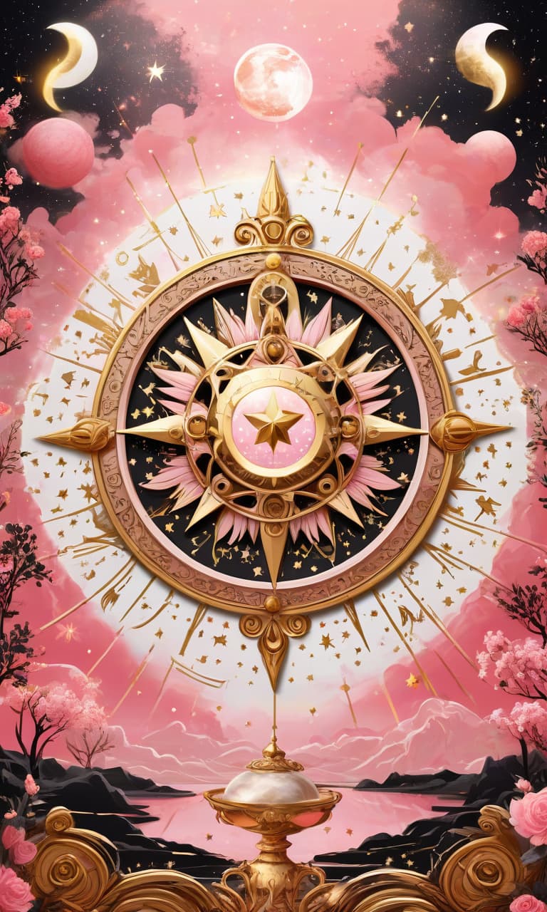  concept art pink, gold, black, white tarot wheel of fortune everywhere stars, moon, sun . digital artwork, illustrative, painterly, matte painting, highly detailed, perfect hands