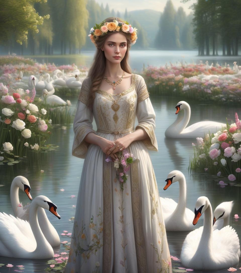  hyperrealistic art a woman in a medieval dress with a flower crown stands by a serene lake with swans and blooming flowers. beautiful woman in a serene lake, renesians portrait with beautiful flowers and nature around the lake. . extremely high resolution details, photographic, realism pushed to extreme, fine texture, incredibly lifelike