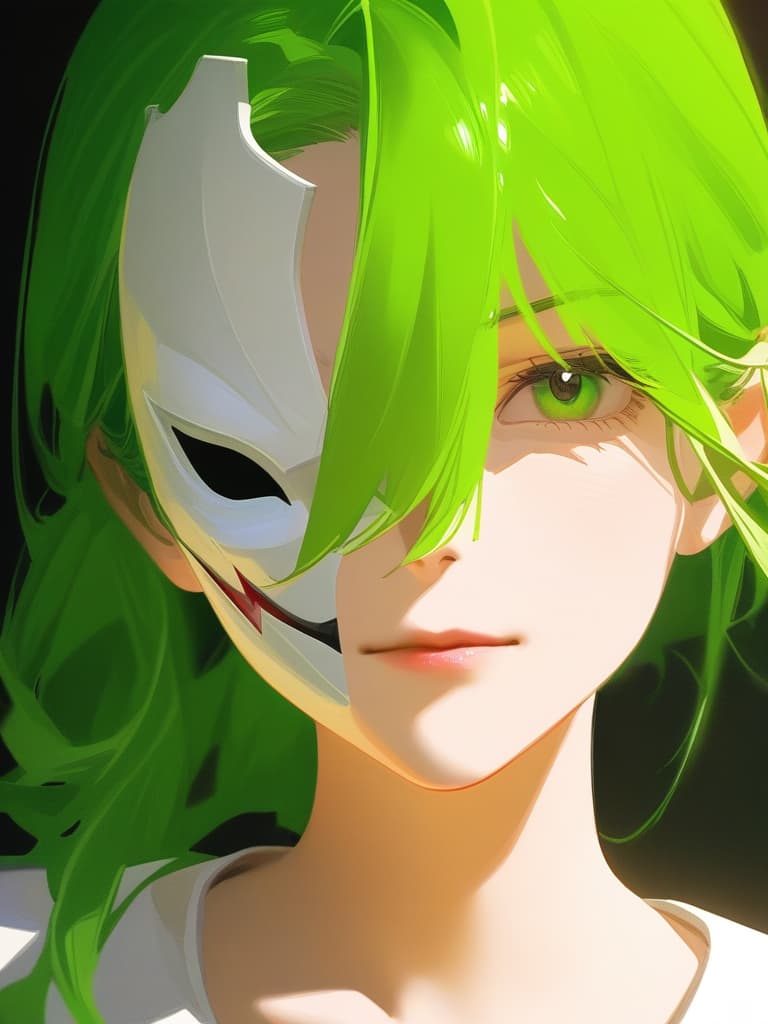  portrait view of a anime women,full white militar uniform hat,half face,joker mask,women face,photorealistic anime style,giger style,pop art tendencies,strong facial expression,(((green hair))),professional illustration,bold colors,chiaroscuro,beautiful shades,intense close ups,bright and glossy surface textures,octane render,zbrush ar 1:1 s 750