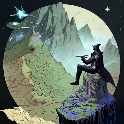  a man sitting on the edge of a mountain, a man in a black cape in a hood, a man with a sword, space, overland fantasy woodland map, such as a map, a font that is modern and easy to read