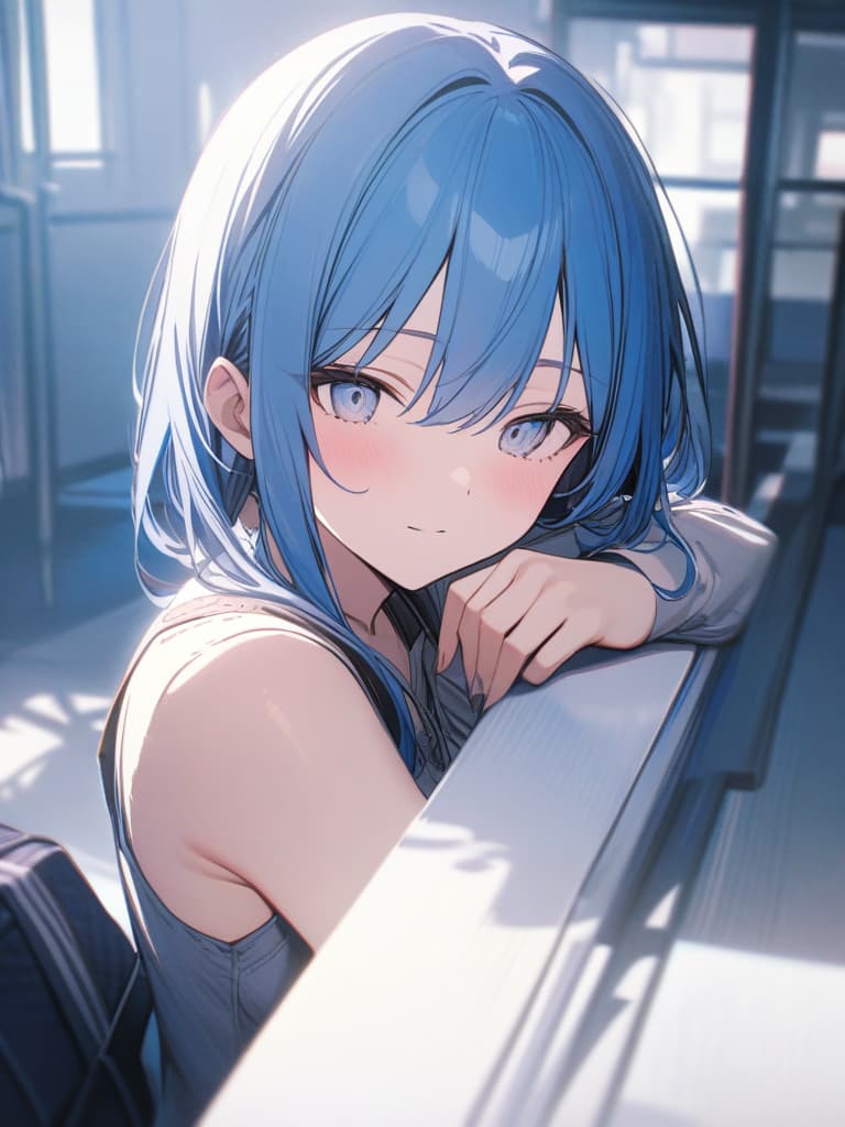  blue hair, white eyes, long, masterpiece, best quality,8k,ultra detailed,high resolution,an extremely delicate and beautiful,hyper detail