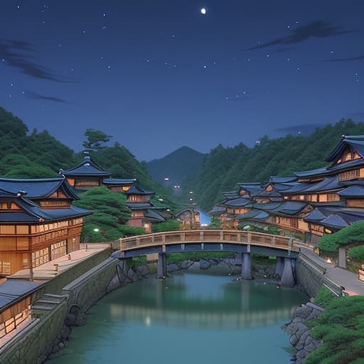  Create a beautiful studio Ghibli style night view of a small japanese town