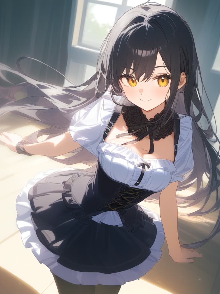  cute face focus,cute,young,long hair,black hair,yellow eyes,cute posing,smile,frill dress,corset