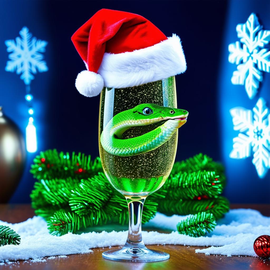  green snake in santa's hat wraps around champagne glass, new year's atmosphere, luminous garlands, snow and snowflakes {prompt}, maximum details