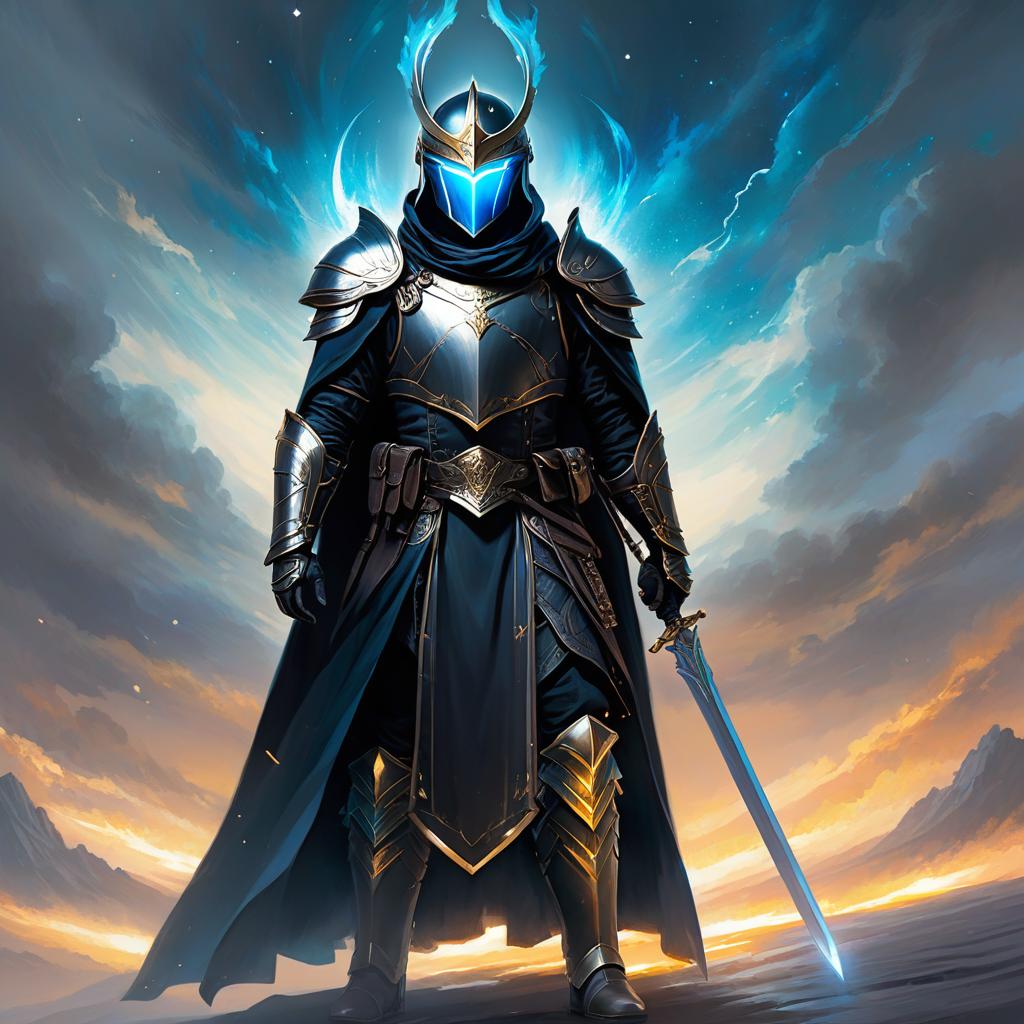  ethereal fantasy concept art of armored man showing no face in his helmet only glowing gold eyes and a black ponytail out the back of his helmet wearing a black cloak with silver accents using blue fire. magnificent, celestial, ethereal, painterly, epic, majestic, magical, fantasy art, cover art, dreamy