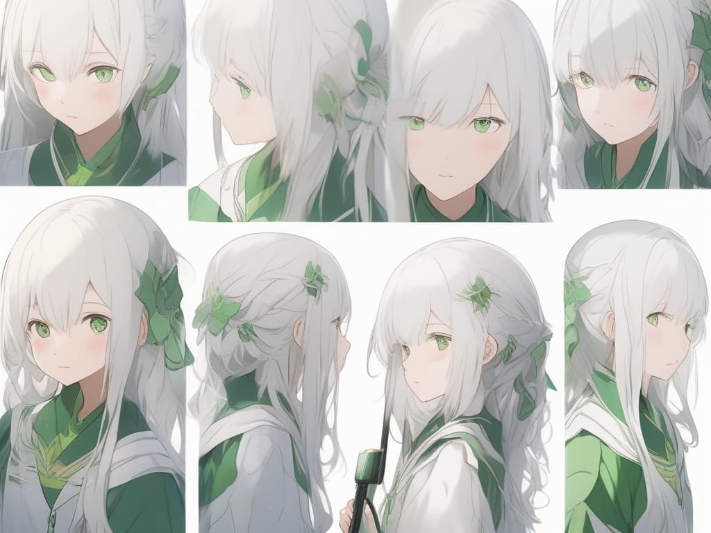  white hair, right eye green, rolled hair, uniform, green, student, masterpiece, best quality,8k,ultra detailed,high resolution,an extremely delicate and beautiful,hyper detail