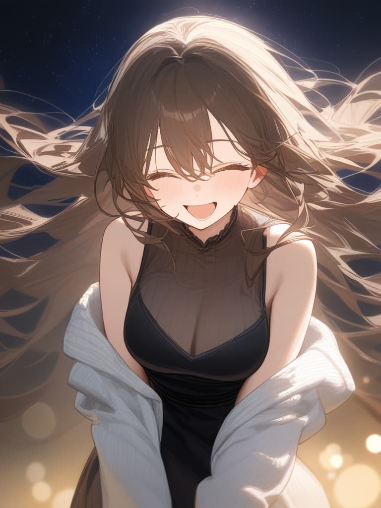  a girl laughing at me, bright brown hair, long hair, transparent ephemeral, black sleeveless dress, white cardigan, whole body facing in front, laughing, laughing, starry sky under the whole body, facing here, my eyes meet me, masterpiece, best quality,8k,ultra detailed,high resolution,an extremely delicate and beautiful,hyper detail