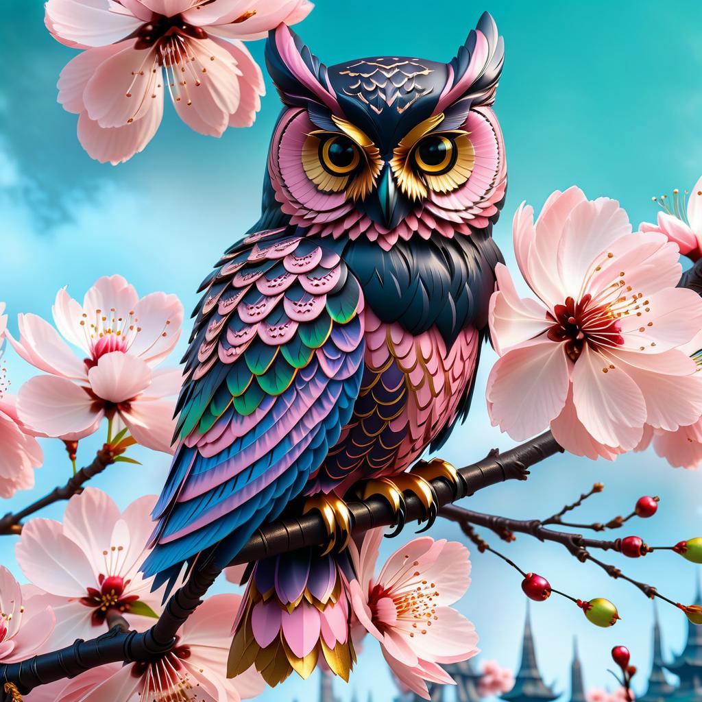  gothic style ((an owl sits surrounded by large cherry blossoms)) . (colours):pink, white pink, gold, green, light green, dark green, blue, dark purple, black. (style):fantasy, fairy tale, cartoon, gothic, tranquility, wisdom, mystery, mystery. . dark, mysterious, haunting, dramatic, ornate, detailed, civitai, hkmagic hyperrealistic, full body, detailed clothing, highly detailed, cinematic lighting, stunningly beautiful, intricate, sharp focus, f/1. 8, 85mm, (centered image composition), (professionally color graded), ((bright soft diffused light)), volumetric fog, trending on instagram, trending on tumblr, HDR 4K, 8K