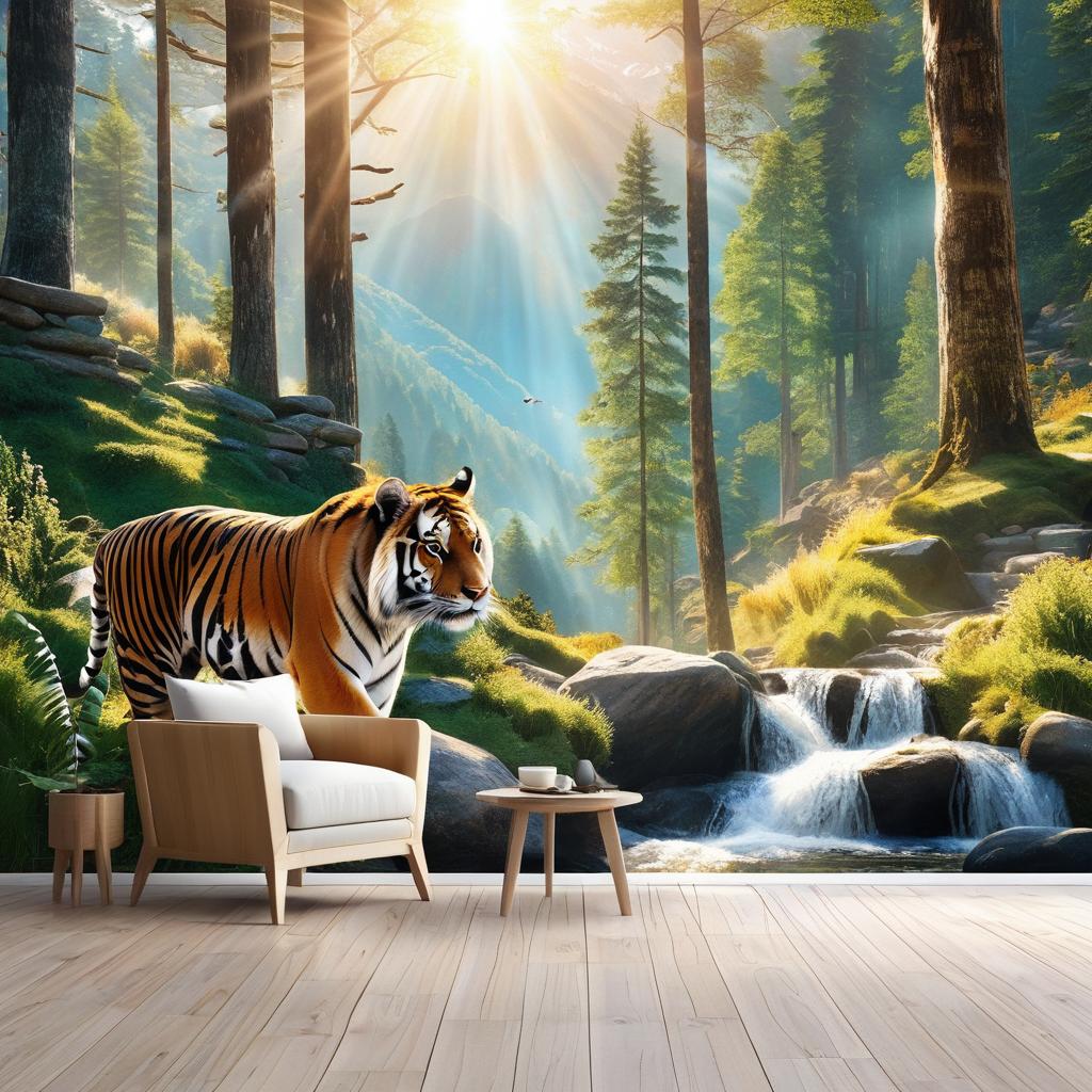  there is a picture of a tiger and a pig and a horse in the background of a mountain forest with sunlight. lovely style。 photo realistic, highly intricate and detailed, masterpiece, ultra high res,photography,8k resolution