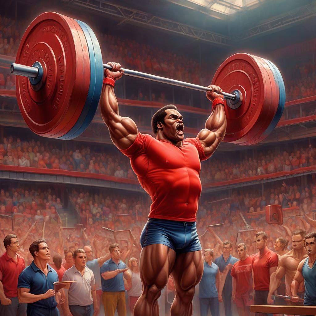  retro game art athlete weightlifter lifts the bar to the full height, on outstretched arms, a strong torso, a powerful physique, around the platform spectators, detailed drawing of the body, faces, negroid race, red t shirt, painting, oil, blur, photorealism, 16k. . 16 bit, vibrant colors, pixelated, nostalgic, charming, fun