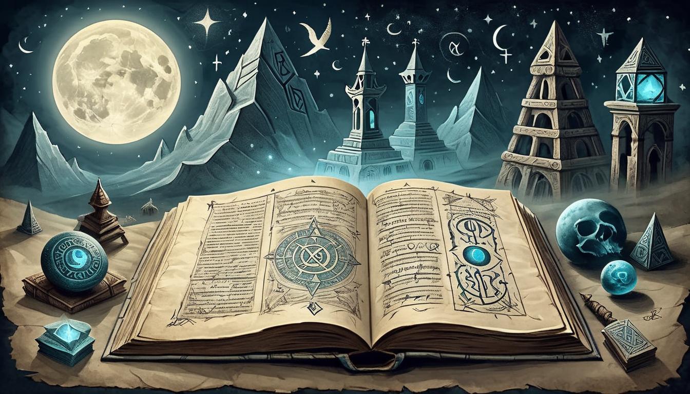  on parchment, surrealism+++, ancient tome open under moonlight, glowing runes on pages, surrounding mystical symbols, sense of revelation, mystical, serene(mysterious, provocative, symbolic,muted color)+++