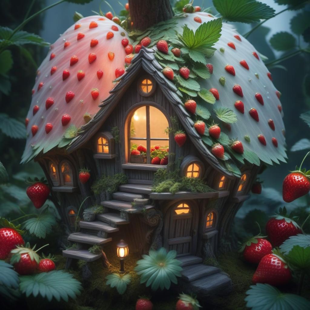  A wonderful fairy house with a thicket of strawberries hyperrealistic, full body, detailed clothing, highly detailed, cinematic lighting, stunningly beautiful, intricate, sharp focus, f/1. 8, 85mm, (centered image composition), (professionally color graded), ((bright soft diffused light)), volumetric fog, trending on instagram, trending on tumblr, HDR 4K, 8K