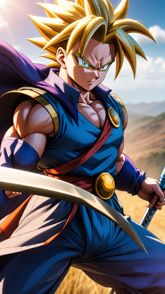  future trunks from dragon ball z slicing through android 14 with his sword under harsh sunlight, anime art hyperrealistic, full body, detailed clothing, highly detailed, cinematic lighting, stunningly beautiful, intricate, sharp focus, f/1. 8, 85mm, (centered image composition), (professionally color graded), ((bright soft diffused light)), volumetric fog, trending on instagram, trending on tumblr, HDR 4K, 8K