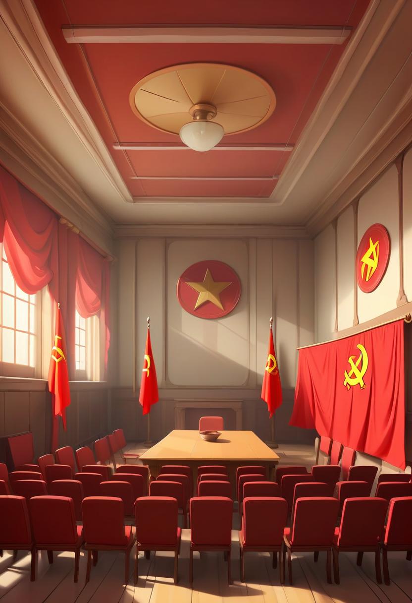  renaissance style a meeting room with empty seats, red communist flags on walls (cel shading, vintage anime:1.25) . realistic, perspective, light and shadow, religious or mythological themes, highly detailed