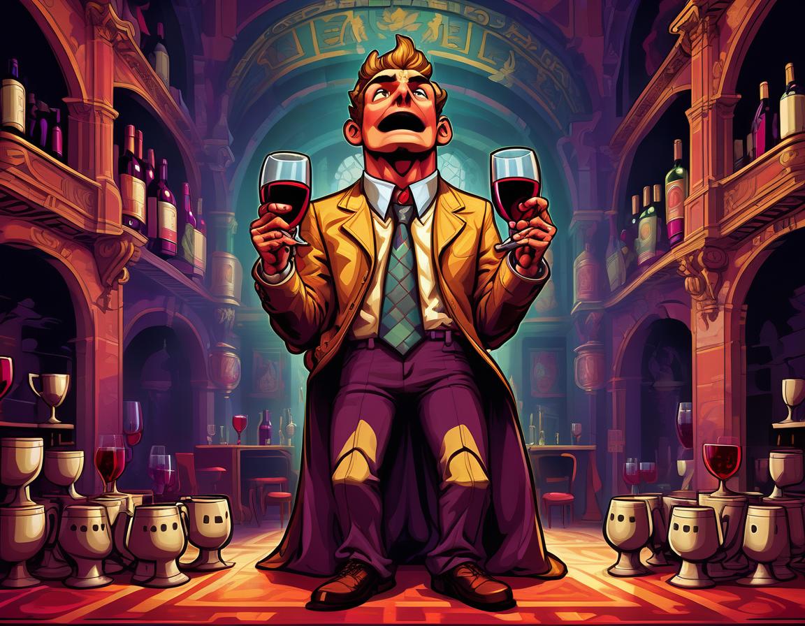  retro game art an anthropomorphic guy with a hawkish head holds his hands over his head in a victory cry, flanked by five top wine cups amid a chamber hall . 16 bit, vibrant colors, pixelated, nostalgic, charming, fun