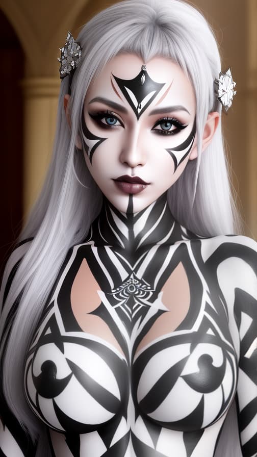  Chessboard check body paint in every corner of the body, Silver body paint all over the body, white face paint on the face, Dark elf 女性