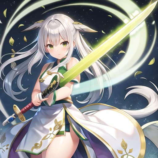  master piece , best quality,yumu soul haku yoku green clothes, silver hair, sword