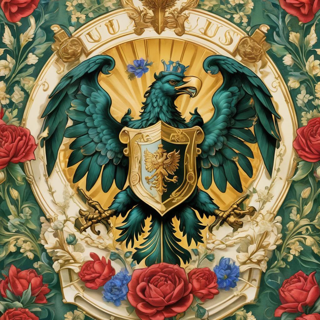  futurism. coat of arms with a double headed eagle. four colors: gold, green, blue, red. flowers: roses, peonies, daisies, cornflowers, hyacinths, bells. the coat of arms in the castle.