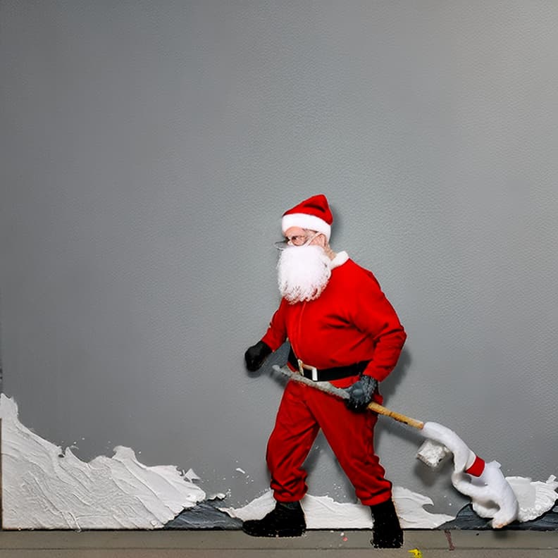  a man with a white beard mid to late 40s wearing a full red santa suit with white cuffs, black boots painting a long wall with a paint roller and an extension pole .