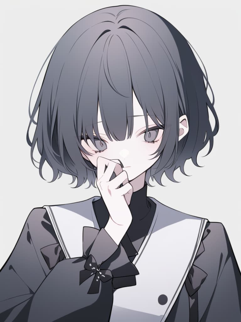  "a male 'jirai kei' character with black hair,wearing dark clothing,covering part of his face with one hand. the character has a mysterious and delicate appearance,with slightly messy short hair,black clothing with subtle silver accessories,and a melancholic expression. no red elements. the background is simple and does not distract from the character's dark,moody aesthetic."