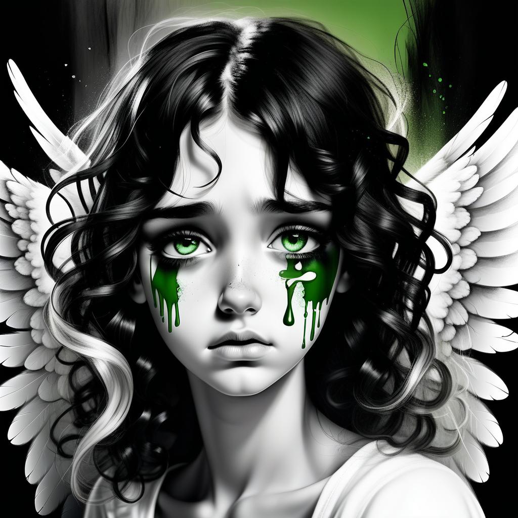  1) a very sad angel in tears, 2) one wing white, the other black, open (3) curly black and white hair, the right half of the hair on the head is white, the left half of the hair on the head is black. 4) angel takes off (5) black and white art 6) green eyes remaining black and white (7) in wounds