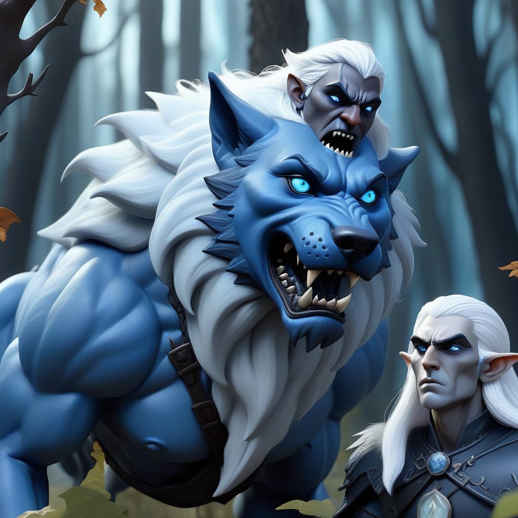  dreamscape evil giant dire wolf with black crystal in his chest confronts drow elf with blue skin and white hair, elf was caught off guard, wolf inted to attack, fairy magic forest background, dream vibe . surreal, ethereal, dreamy, mysterious, fantasy, highly detailed