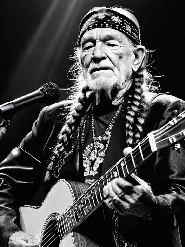  Singer Willie Nelson, medium shot, upper body, spotlight, long exposure lighting, street art style spray paint, glamour lighting