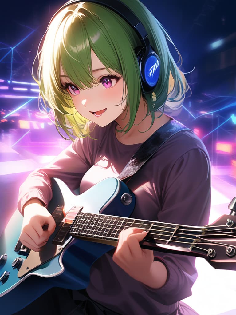  1girl,18yo,(((high school girl))),(((playing with an electric guitar:1.35))),green hair,short hair,purple eyes,headphone,very loud laugh,(((happy pose))),(((metallic focus))),music note effect,realistic