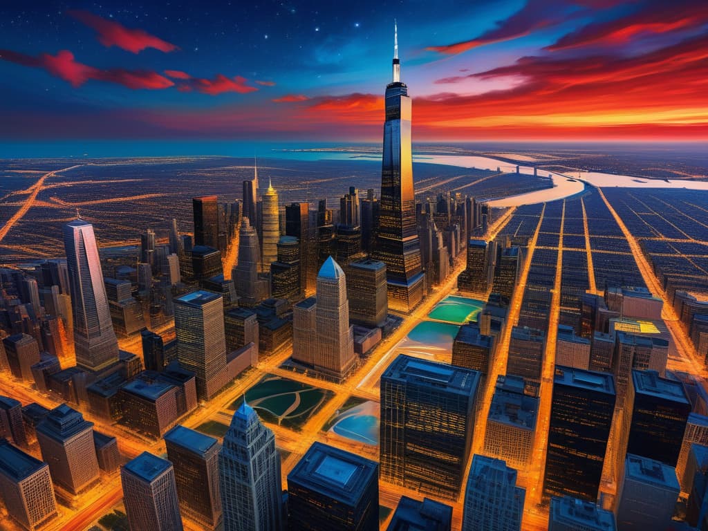  ethereal fantasy concept art of sears tower, crain's communications building, drone view, tilt shift, van gogh's starry night, colorful red orange swirls, cloud gate, hyper realistic, chicago skyline, mesmerizing, intricate details, flambient golden red sunrise, dramatic lighting, epic composition, wide angle, cinematic, masterpiece, 4k, raw photo, van gogh influence, studio lighting, impressionist, bold colors, starry sky, architectural elements, medium format lens, high angle, cityscape, city life, metropolitan, van gogh's brushstrokes, van gogh's shadows, van gogh's colors, van gogh's textures, nighttime, city scene, streets, night cityscape. magnificent, celestial, ethereal, painterly, epic, majestic, magical, fantasy art, cover art, dr