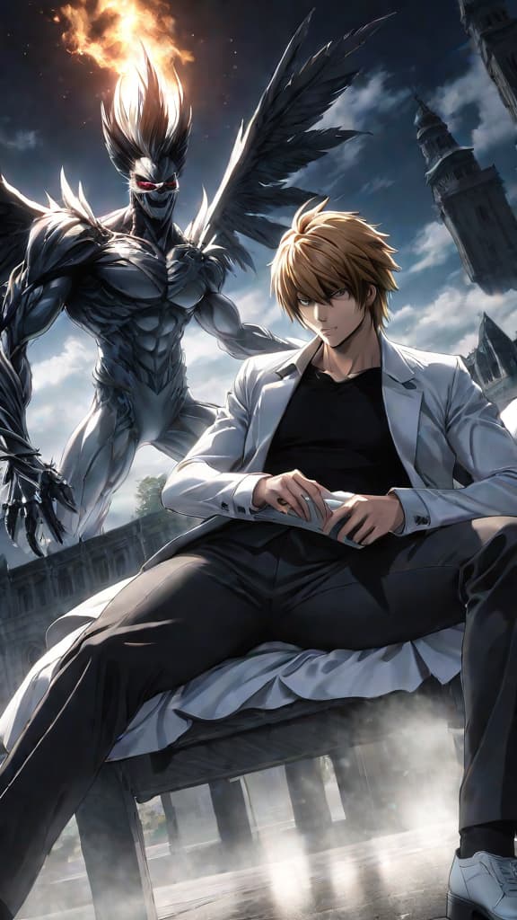  anime art depiction of a hidden rule in death note transferring erased memories to another person hyperrealistic, full body, detailed clothing, highly detailed, cinematic lighting, stunningly beautiful, intricate, sharp focus, f/1. 8, 85mm, (centered image composition), (professionally color graded), ((bright soft diffused light)), volumetric fog, trending on instagram, trending on tumblr, HDR 4K, 8K