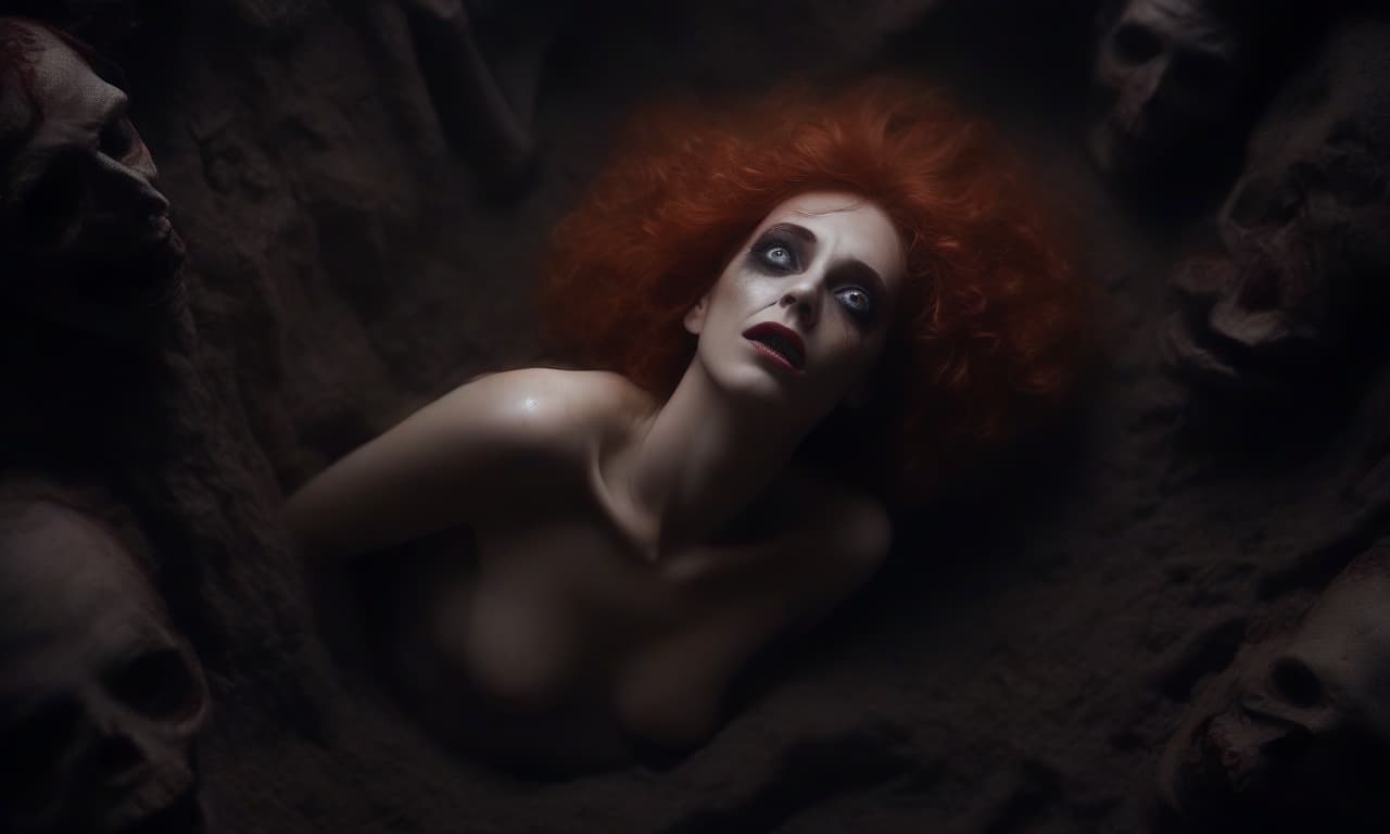  horror themed top view. beautiful naked woman lying in a full length grave, she has curly red hair. the atmosphere is hazy and ominous . eerie, unsettling, dark, spooky, suspenseful, grim, highly detailed