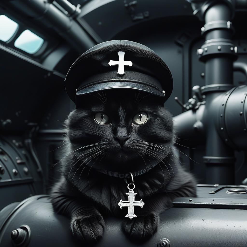  furry black cat with a knightly cross, in a black white cap, in a submarine