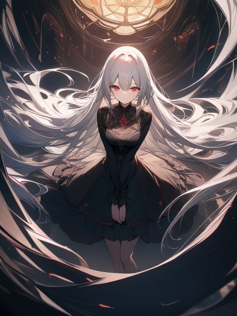  big s, whole body, white hair, super long long hair, ing both hands, smiling, beautiful , red eyes, black wings, round spells, masterpiece, best quality,8k,ultra detailed,high resolution,an extremely delicate and beautiful,hyper detail