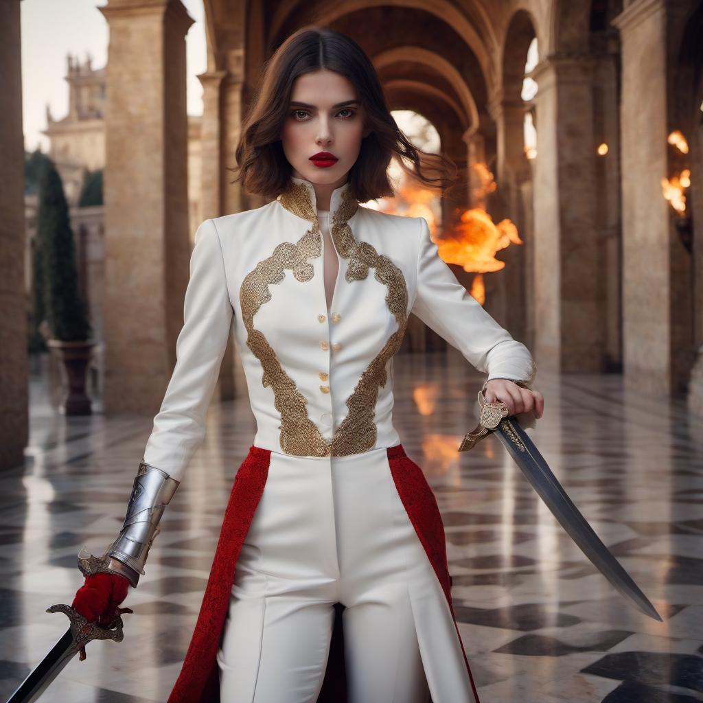  cinematic photo spanish aristocrat in a travel suit, young elegant girl, burning brunette, marble white skin, bright scarlet lips, a thin duel sword in hand, professional photo . 35mm photograph, film, bokeh, professional, 4k, highly detailed