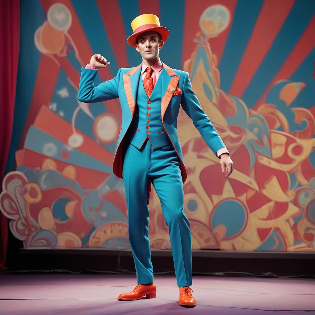  a stage image of a man. circus costume bright colors, big pockets, hat from the future. full length suit with shoes. good face.