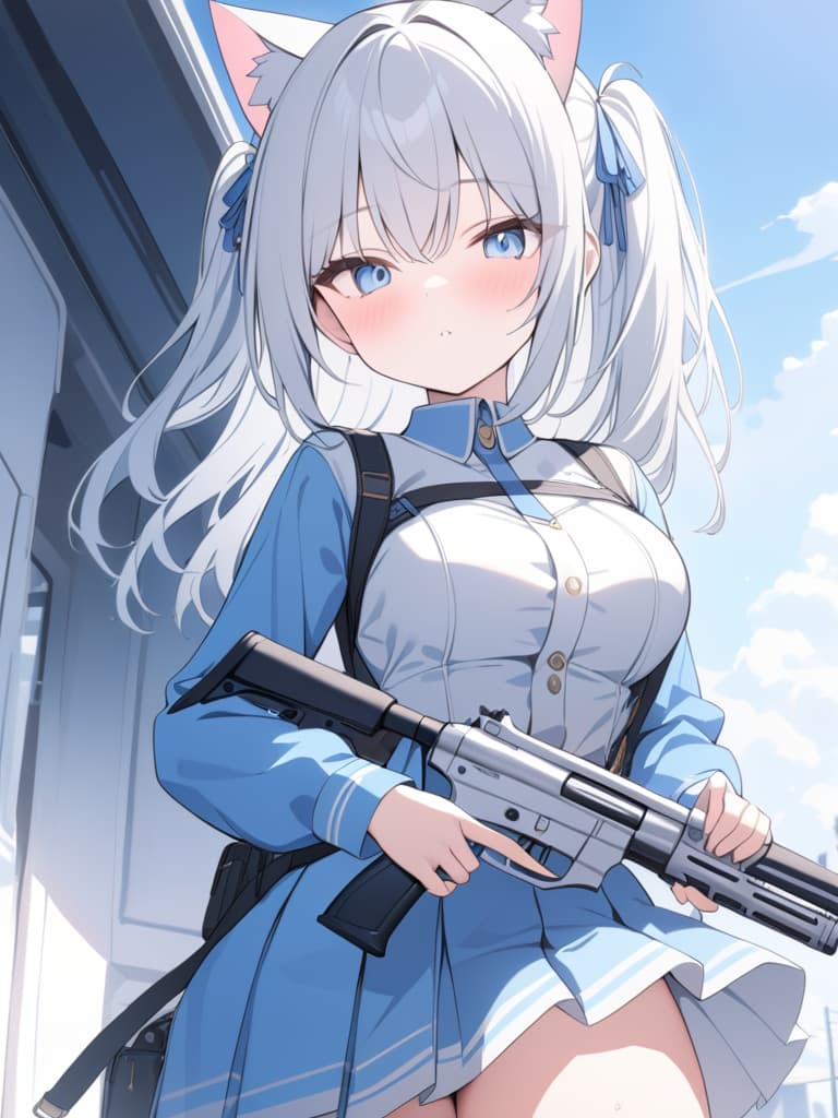  silver hair, cat ears, light blue eyes, uniforms, gun firearms, cute, light blue angels, masterpiece, best quality,8k,ultra detailed,high resolution,an extremely delicate and beautiful,hyper detail