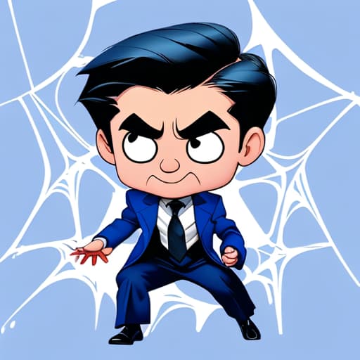  baby Spider-Man cartoon in a blue ffa jacket with a tie and white undershirt with black dress shoes and black slacks