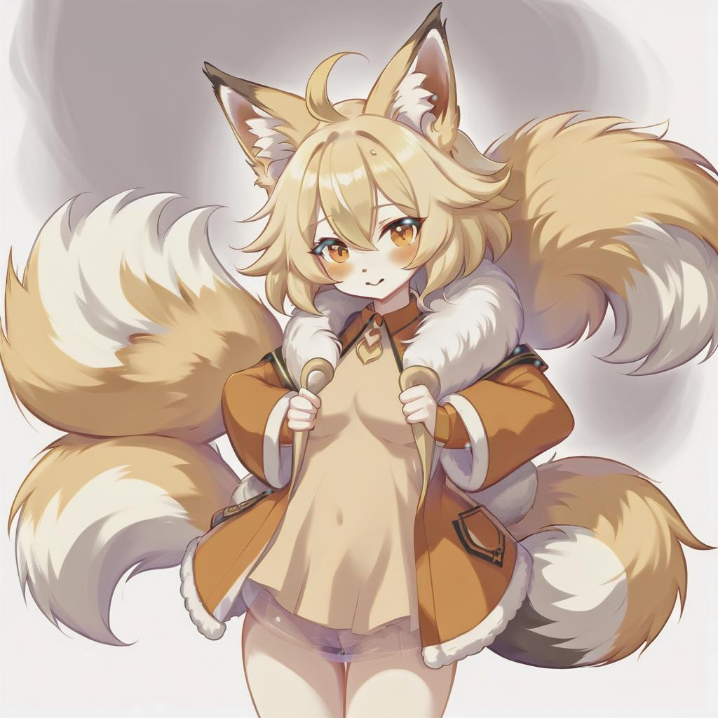  short stature, blonde goddess fox, very huge , very huge , big fluffy ears, and a giant fluffy tail, haircut kare, and fluffy fur on the 