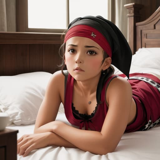  Female, shaved head, wearing pirate bandana, cooling head due to fever, lying in bed, background indoor, distressed expression, wearing top and bottom pajamas, no skin exposure Pop.