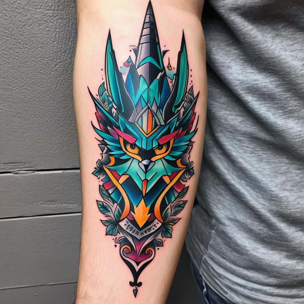  create old school tattoos on a full arm. fill in with anime and persangens of the luney tunes., award winning, professional, highly detailed, masterpiece