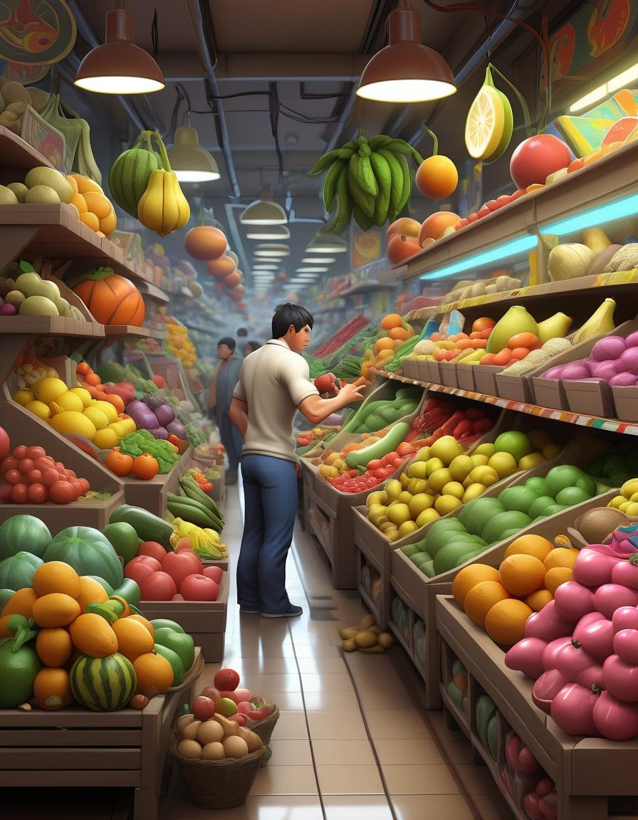  fighting game style fantastic market: a market where shelves are laden with exotic fruits, vegetables and merchandise, each item is depicted with maximum detail and colorful colors. . dynamic, vibrant, action packed, detailed character design, reminiscent of fighting video games