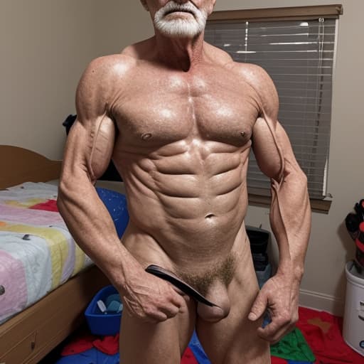   muscular old with messy hair and wearing gles measuring his in his room